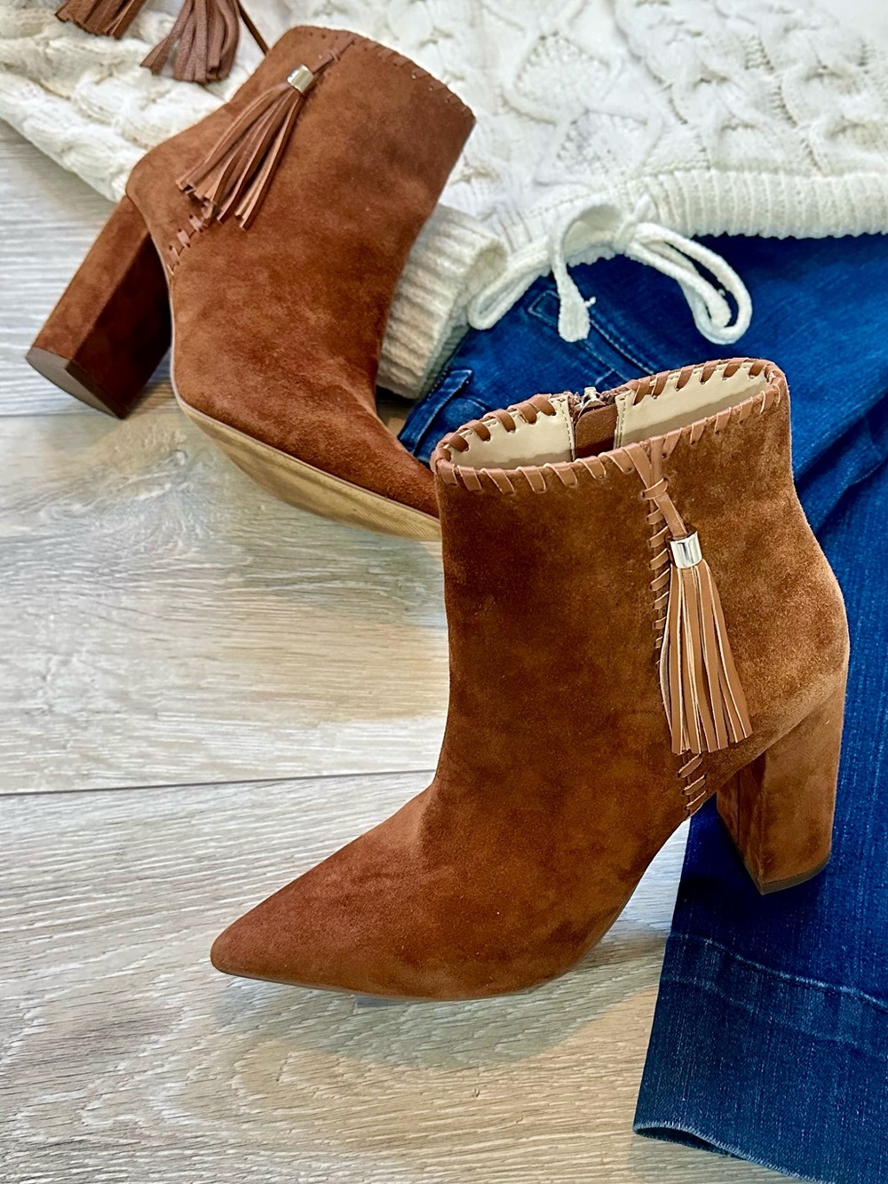 White House Black Market Kamila Cognac Suede Tassel Pointed Toe Ankle Boots 8.5